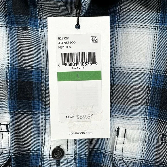 Calvin Klein Jeans Mens Button Up Plaid Shirt Blue Light Flannel Gravity Large - Picture 8 of 11